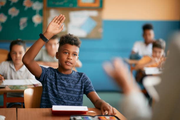 A teacher’s-eye view of a class, attention on one child with their hand up